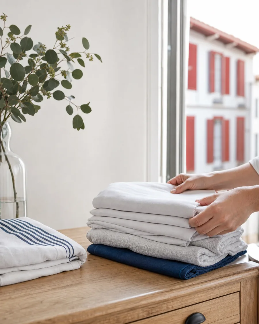 Linge soigneusement plié dans un intérieur basque